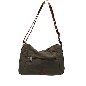 The Sak Olive Green Nylon Crossbody Hobo Bag Brown Trim Adjustable Strap